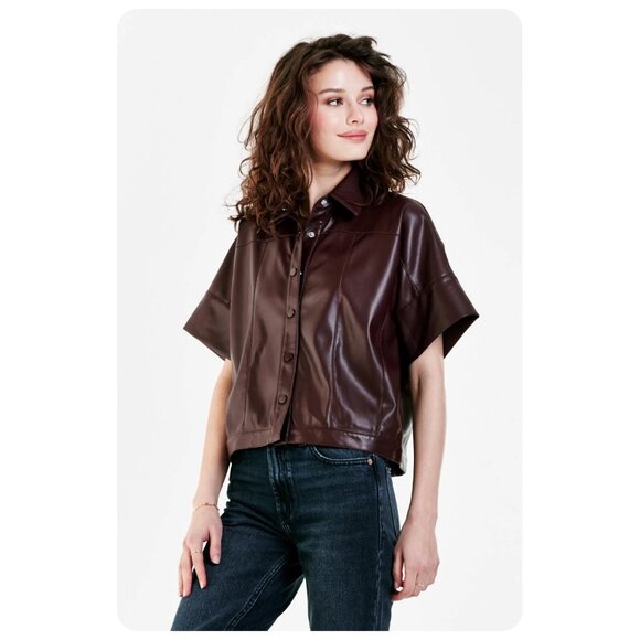 * Dear John Faux Leather Short Sleeve Snap Front Shirt sz xs - Picture 2 of 8